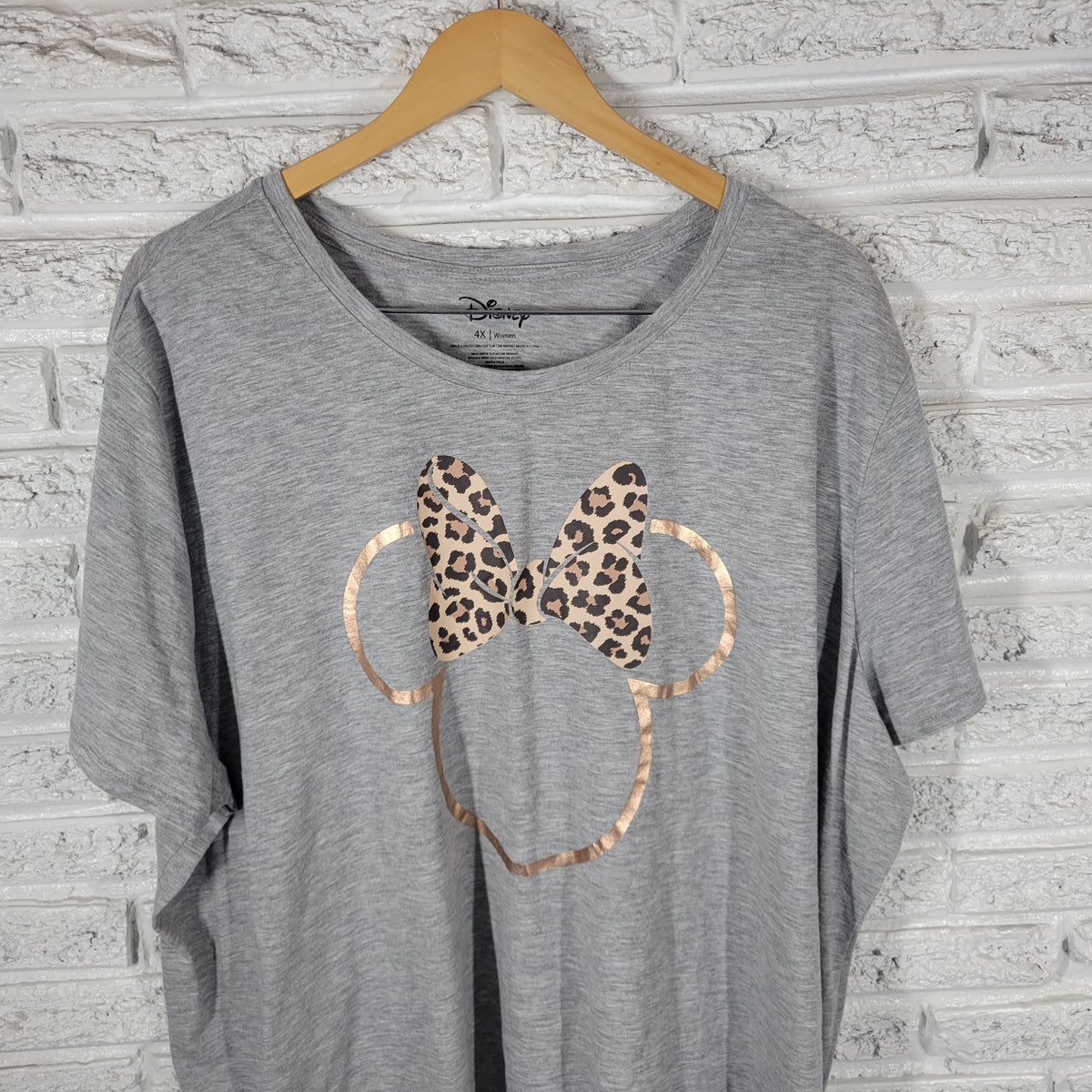 Disney EVRI Womens 4X Minnie Mouse Leopard Bow Rose Gold Metallic Grey Shirt NOV145E