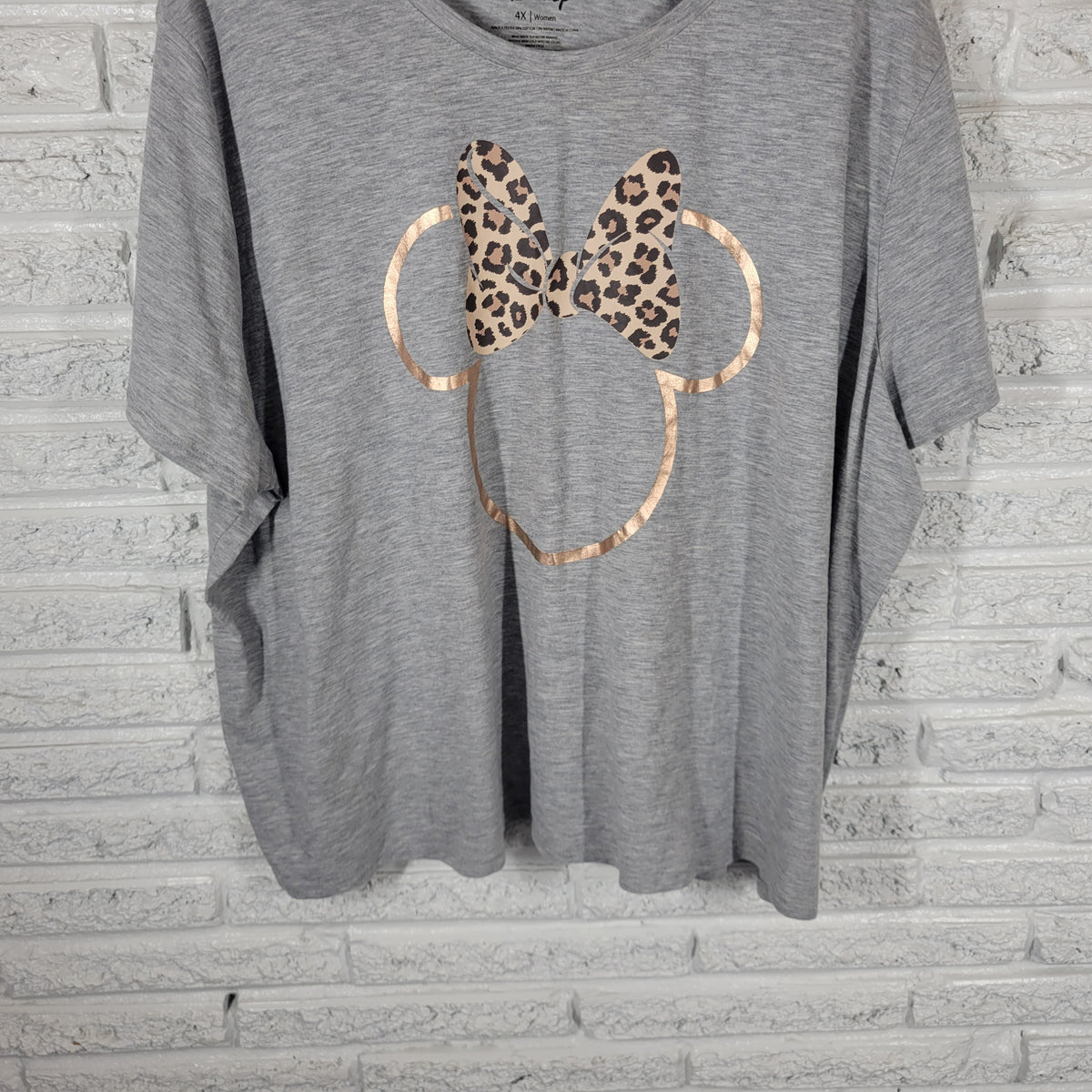 Disney EVRI Womens 4X Minnie Mouse Leopard Bow Rose Gold Metallic Grey Shirt NOV145E