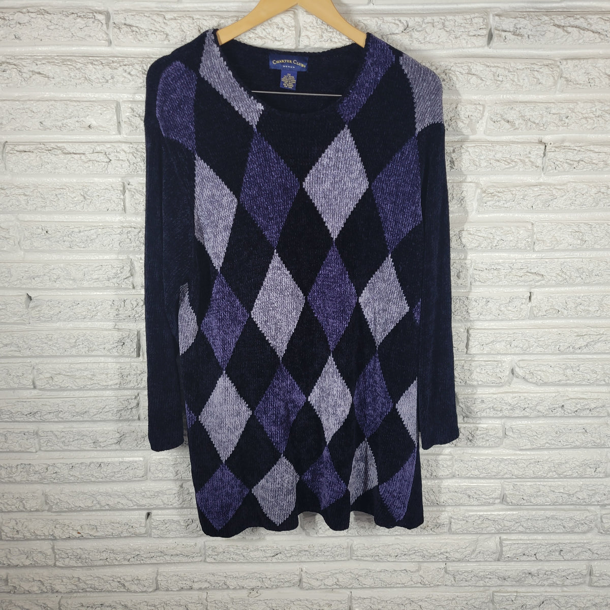 Charter Club 2X Plus Size Argyle Sweater Dress Knit Black Blue Crew Neck SWE41E
