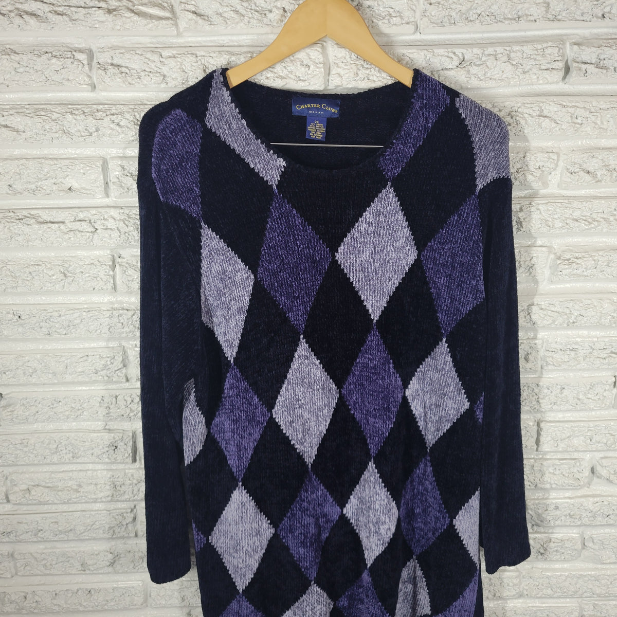Charter Club 2X Plus Size Argyle Sweater Dress Knit Black Blue Crew Neck SWE41E