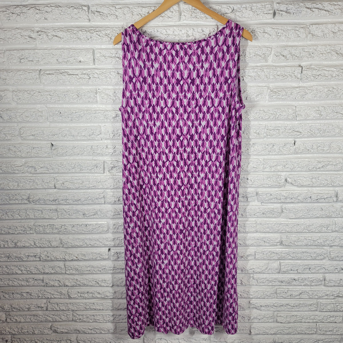 George Geometric Shift Dress XL Purple White Knit Sleeveless Round Neck Stretch GEO40E