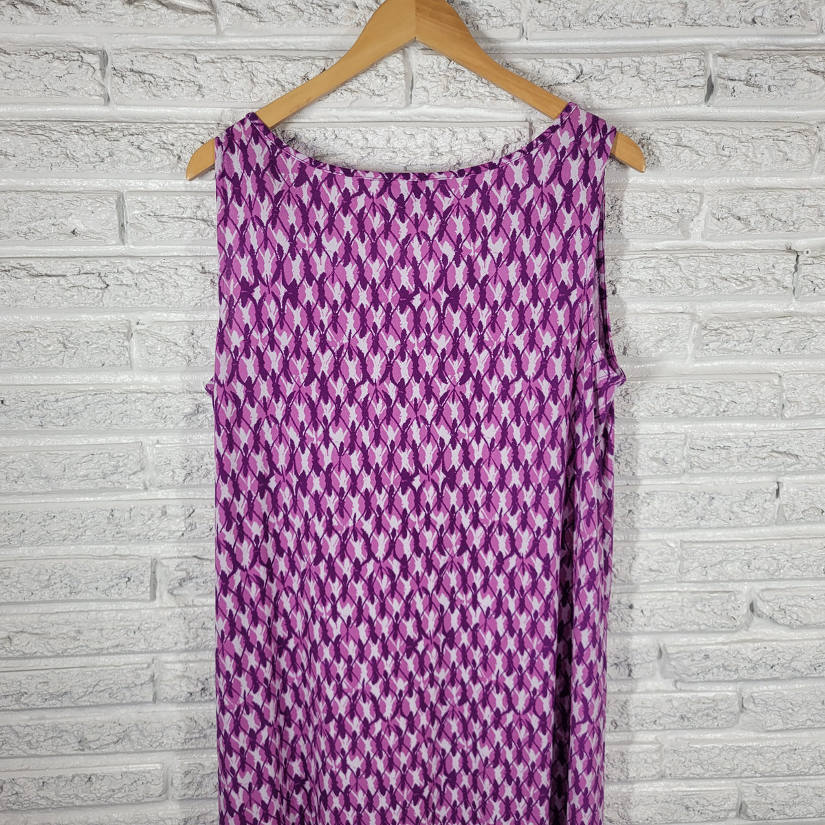 George Geometric Shift Dress XL Purple White Knit Sleeveless Round Neck Stretch GEO40E