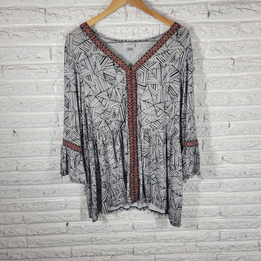 Avenue Geometric Tunic Top 22 24 Plus 3/4 Bell Sleeve Embroidered Multicolor GEO23E