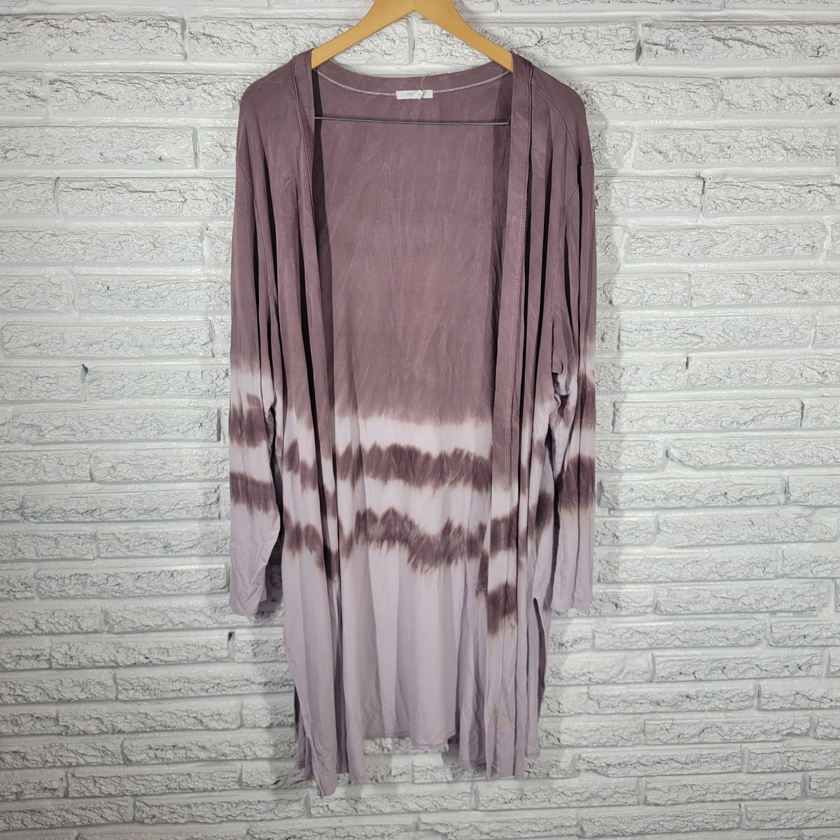 Maurices Open Knit Cardigan 2X Plus Brown White Tie Dye Long Sleeve Slit Top