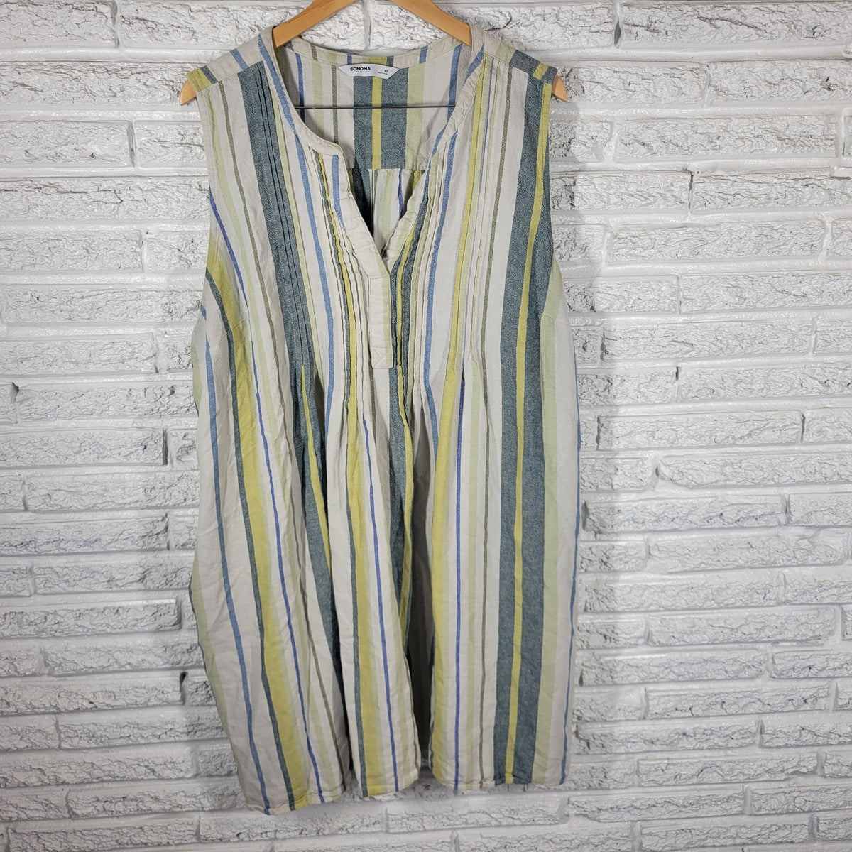 Sonoma Linen Blend Dress 4X Plus Green Blue Striped Sleeveless Shift V-Neck STR134E