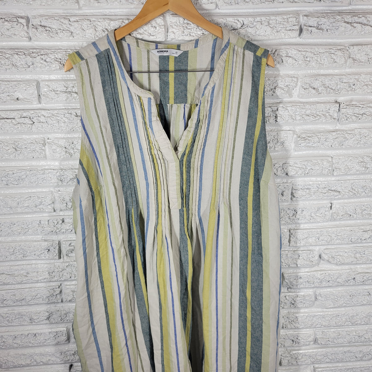 Sonoma Linen Blend Dress 4X Plus Green Blue Striped Sleeveless Shift V-Neck STR134E