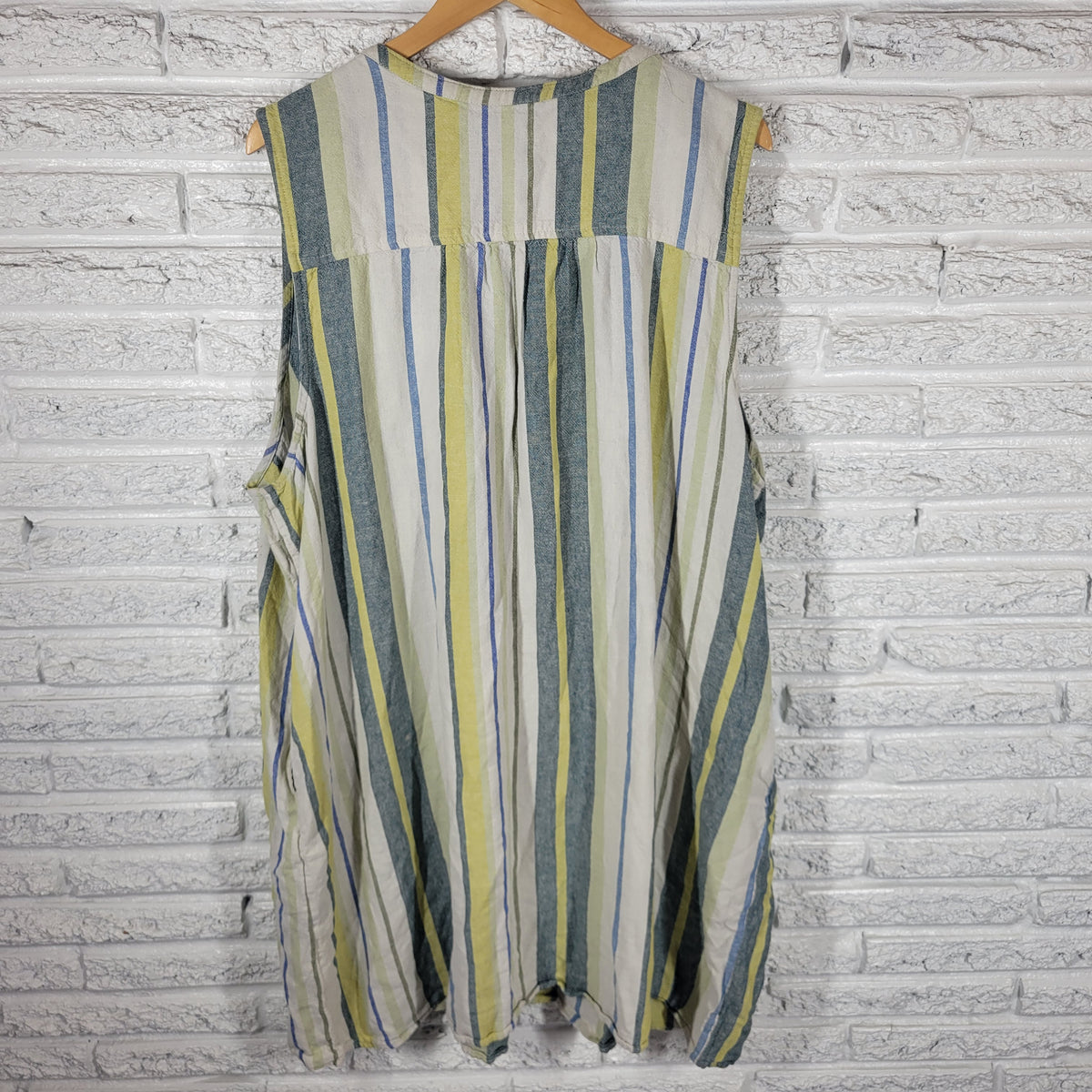 Sonoma Linen Blend Dress 4X Plus Green Blue Striped Sleeveless Shift V-Neck STR134E