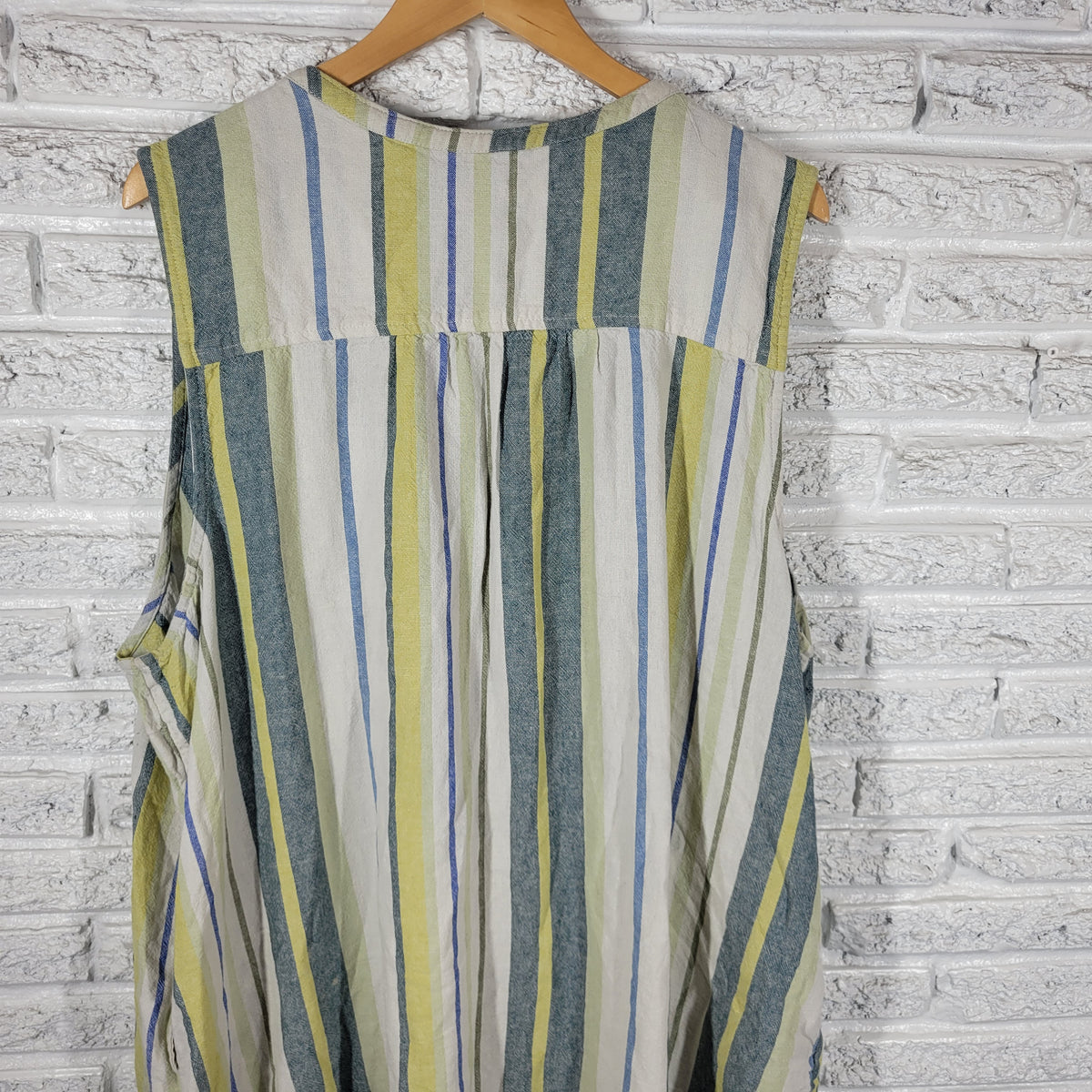 Sonoma Linen Blend Dress 4X Plus Green Blue Striped Sleeveless Shift V-Neck STR134E