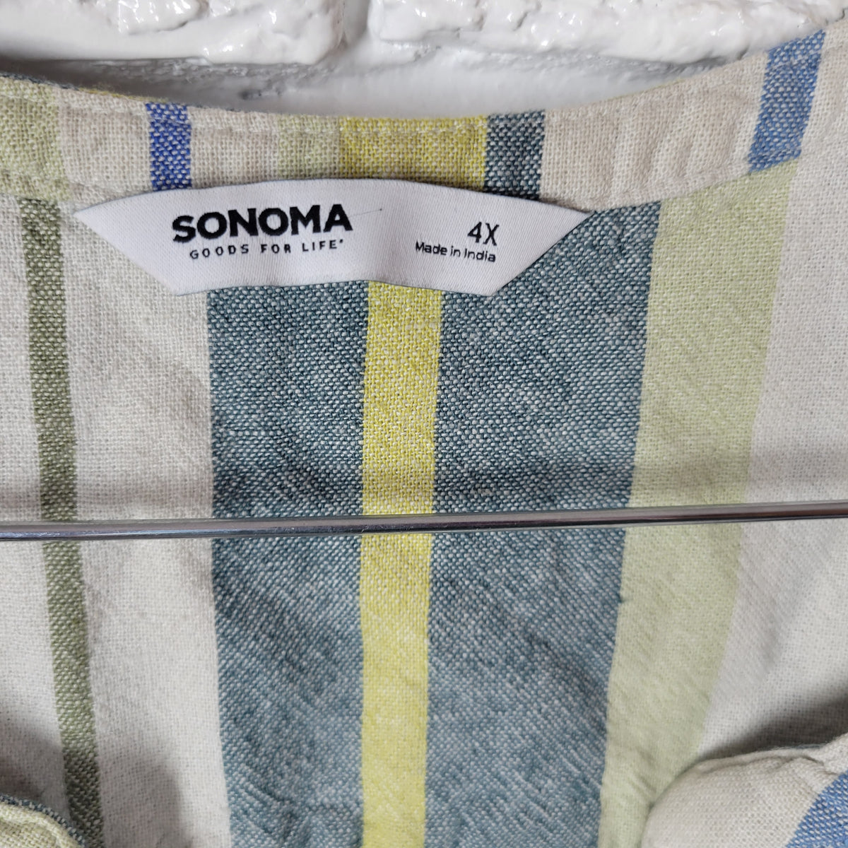 Sonoma Linen Blend Dress 4X Plus Green Blue Striped Sleeveless Shift V-Neck STR134E