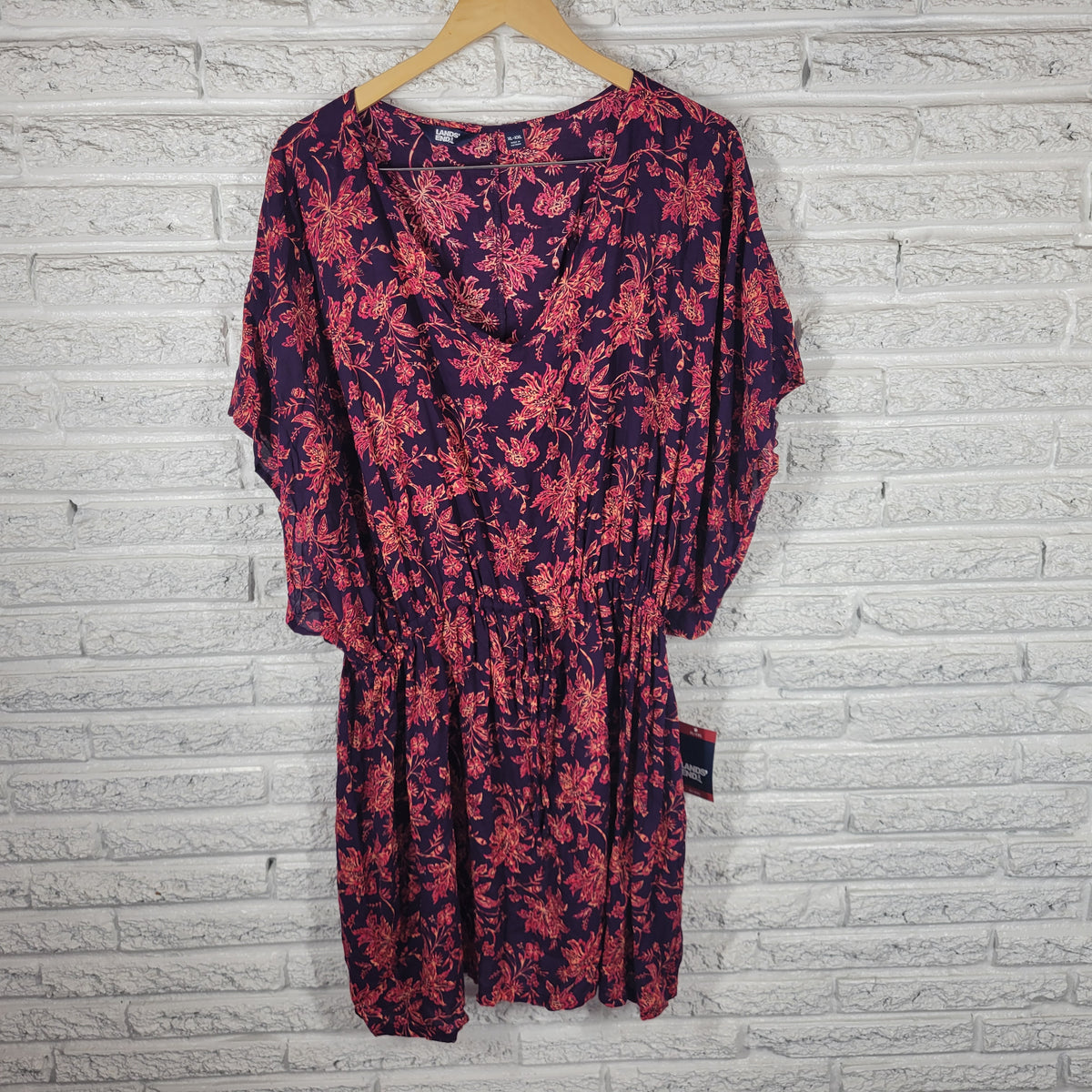 Lands End Swim Cover Up Dress XL XXL Floral Modal Batwing Kaftan Multicolor FLO44E
