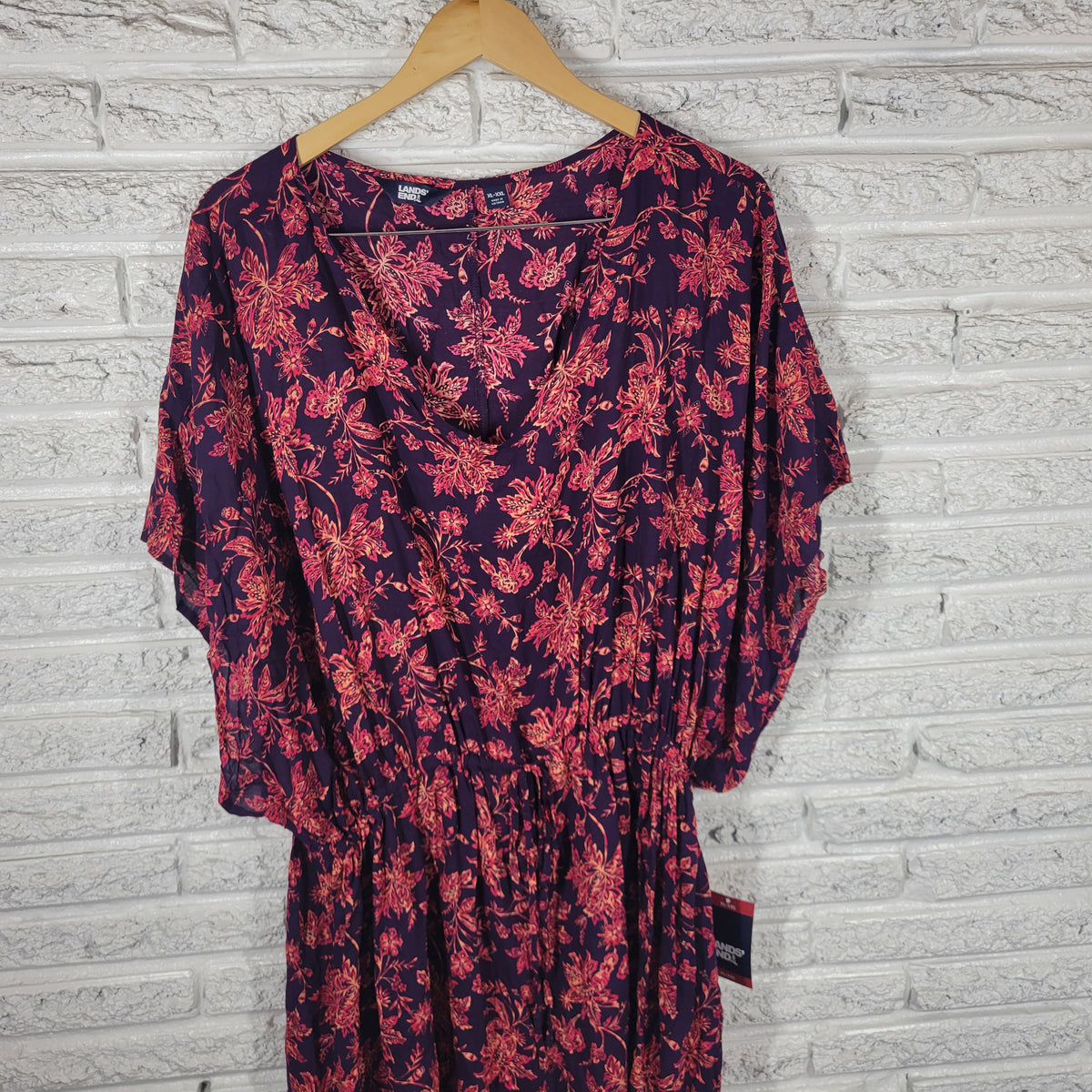 Lands End Swim Cover Up Dress XL XXL Floral Modal Batwing Kaftan Multicolor FLO44E