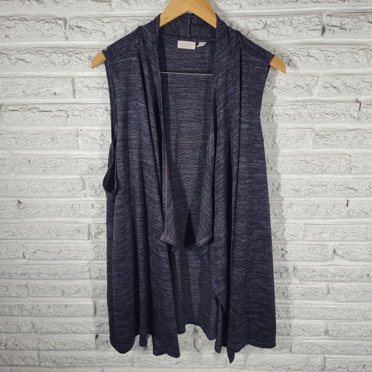 LOGO Lori Goldstein Knit Cardigan 3X Plus Blue Marled Sleeveless Open Front BLU56E