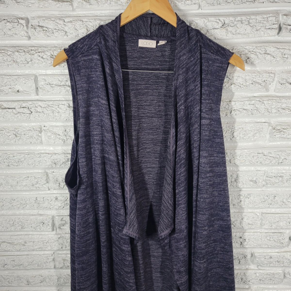 LOGO Lori Goldstein Knit Cardigan 3X Plus Blue Marled Sleeveless Open Front BLU56E