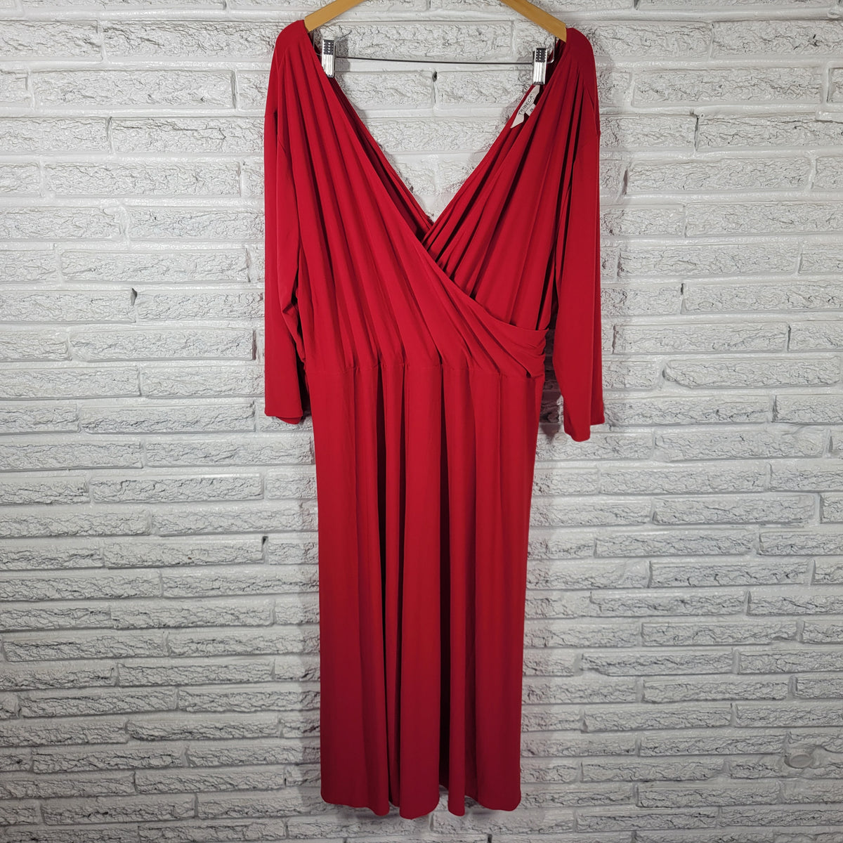 Tribeca Studio 4X Dress Plus Size Red Fit Flare Midi Belted V-Back 3/4 Sleeve RED45E