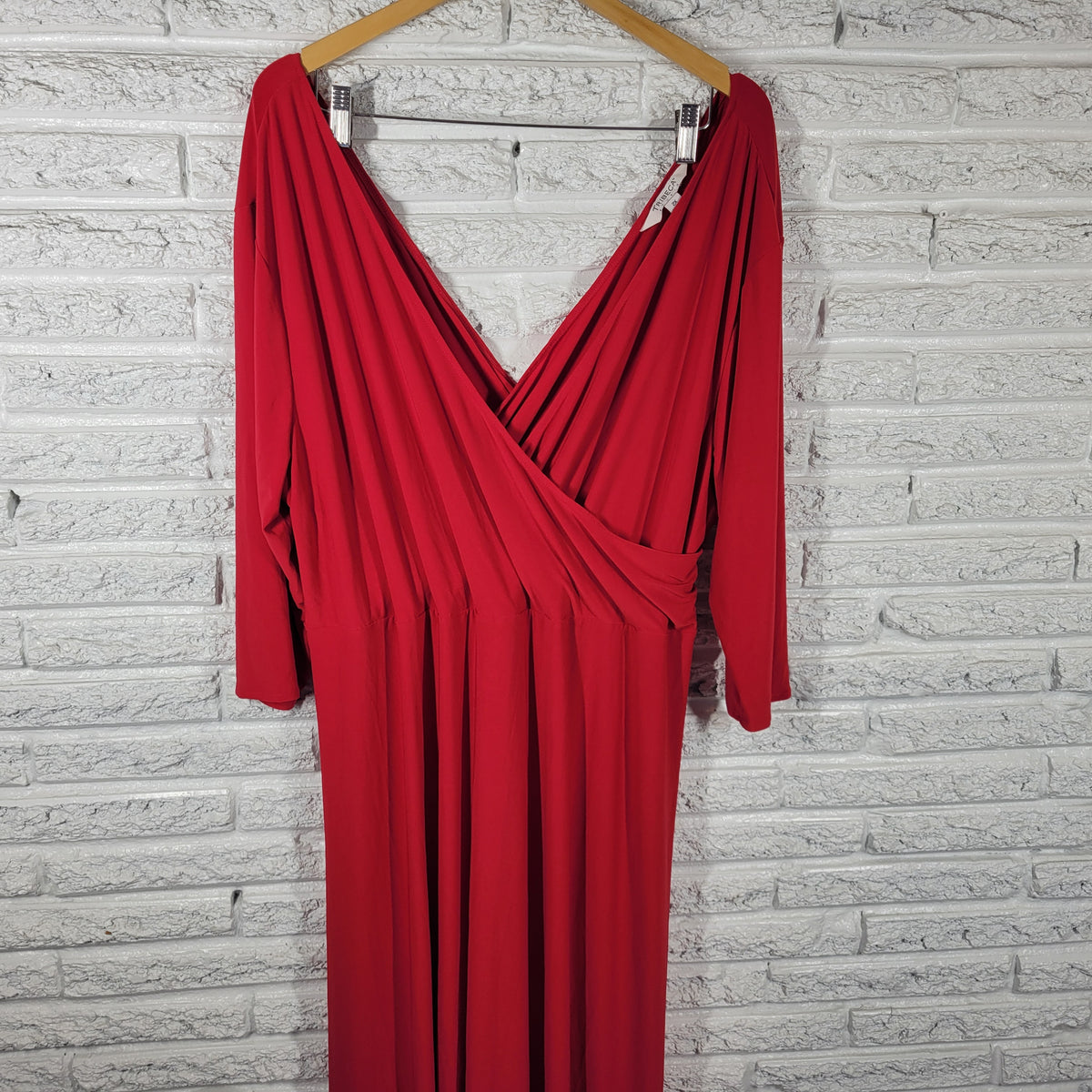 Tribeca Studio 4X Dress Plus Size Red Fit Flare Midi Belted V-Back 3/4 Sleeve RED45E