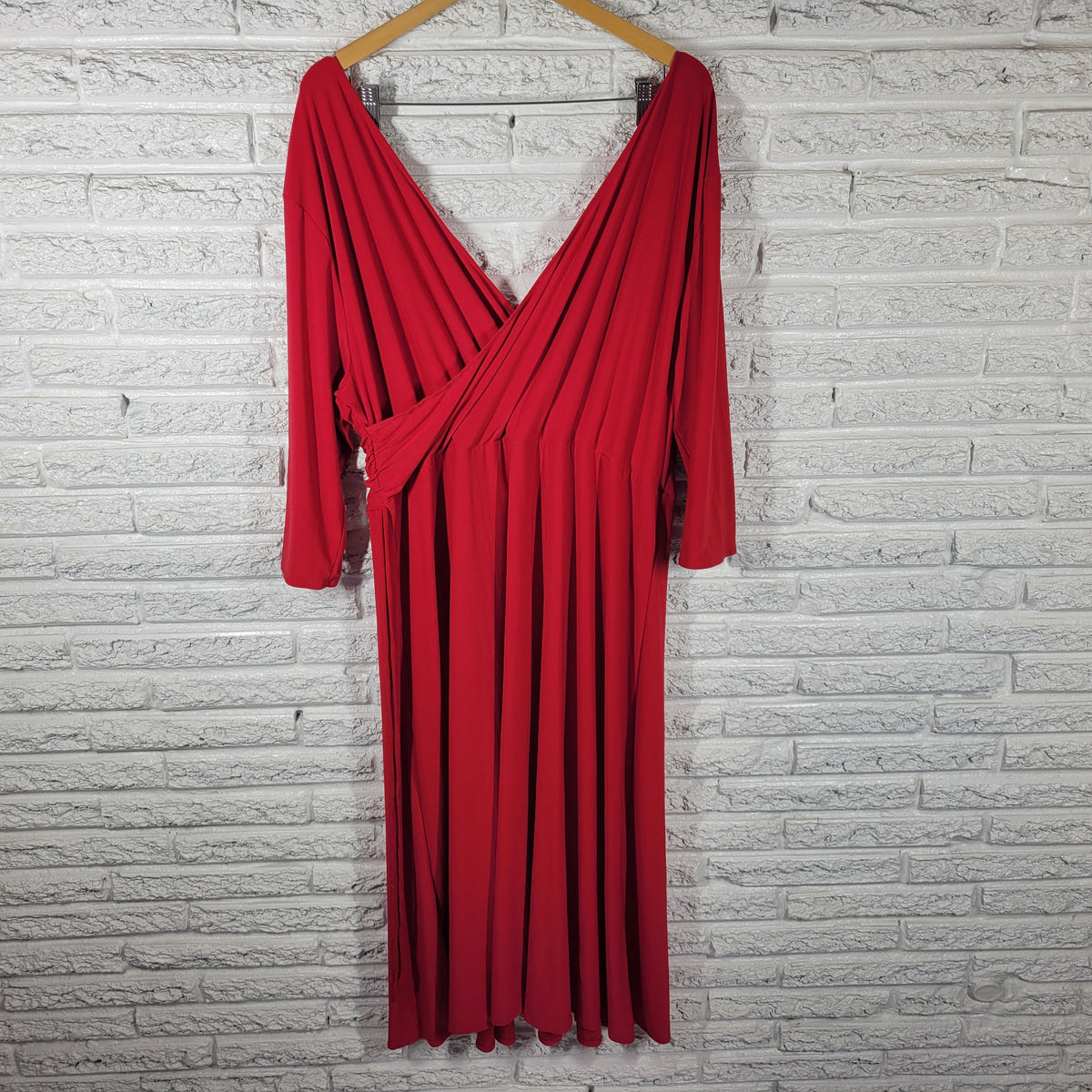 Tribeca Studio 4X Dress Plus Size Red Fit Flare Midi Belted V-Back 3/4 Sleeve RED45E