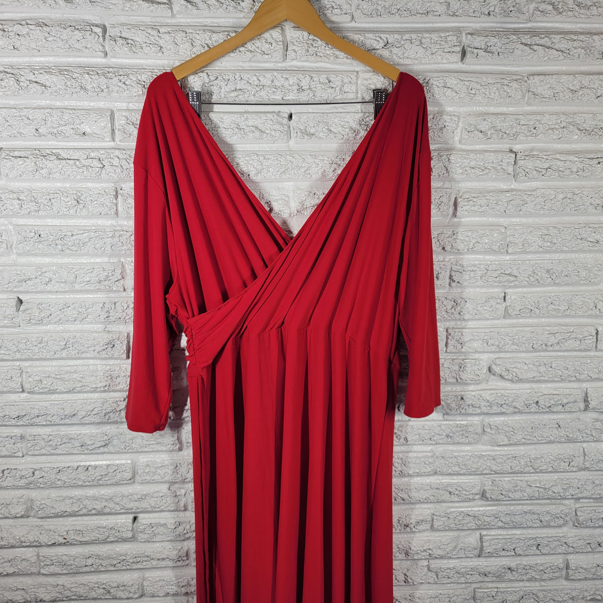 Tribeca Studio 4X Dress Plus Size Red Fit Flare Midi Belted V-Back 3/4 Sleeve RED45E