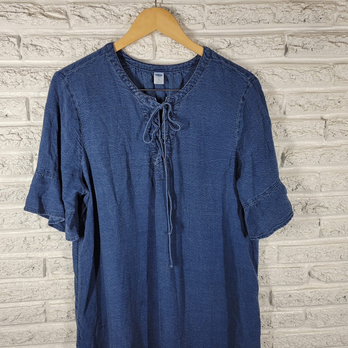 Old Navy XL Swim Cover Up Blue Waffle Knit Bell Sleeve Lace Up Lyocell Beach BLU66E