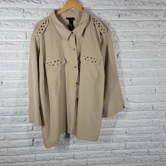 Maggie Barnes 4X Plus Size Top Beige Studded 3/4 Sleeve Snap Up Shirt Pockets C11E