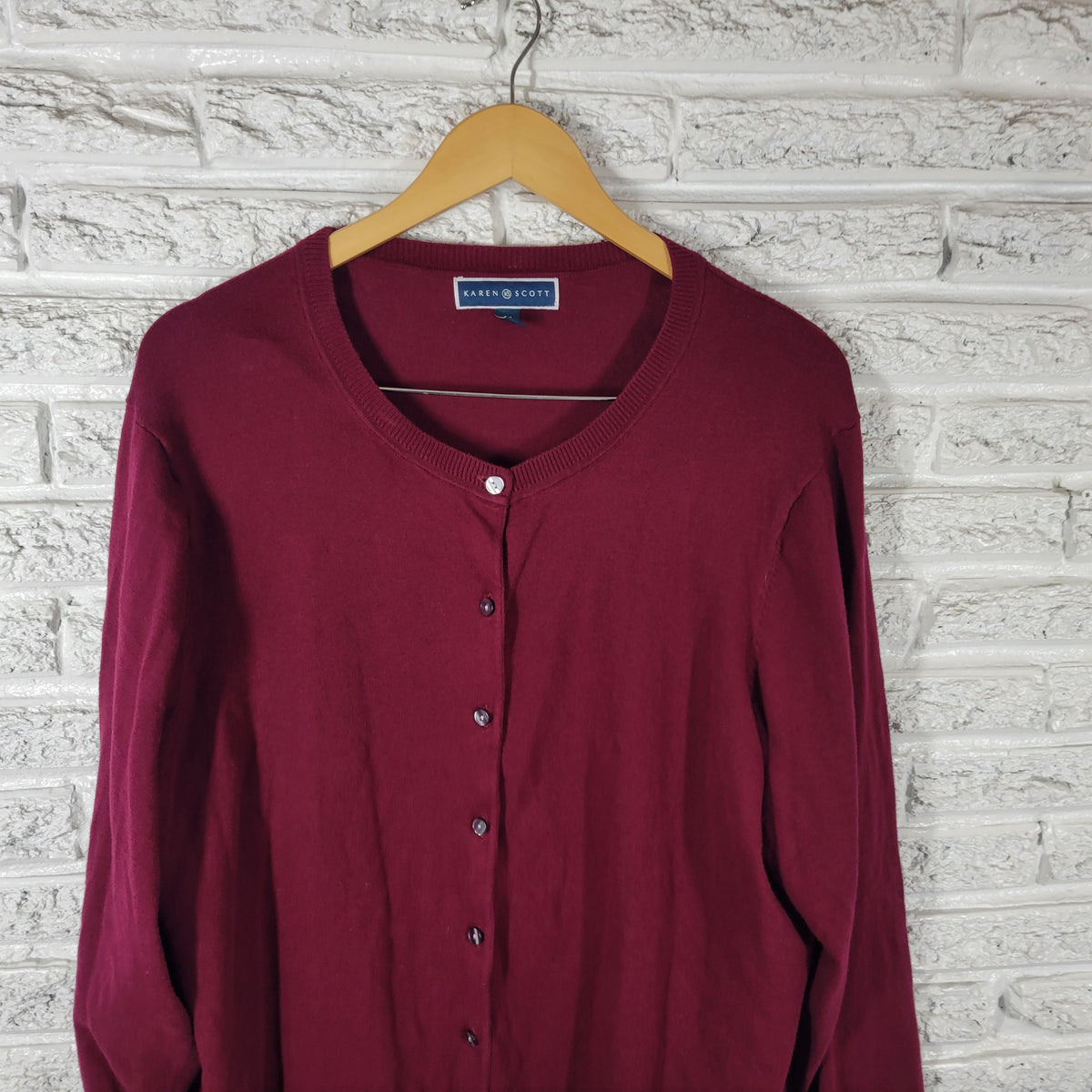 Karen Scott Women Cardigan Sweater 3X Plus Purple Crew Neck Tight Knit Cotton PUR12E