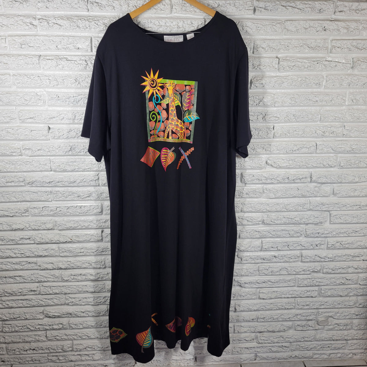 Kate & Co Vintage Black Giraffe Safari Leaf Print T-Shirt Dress Womens 4X Plus BLA71E