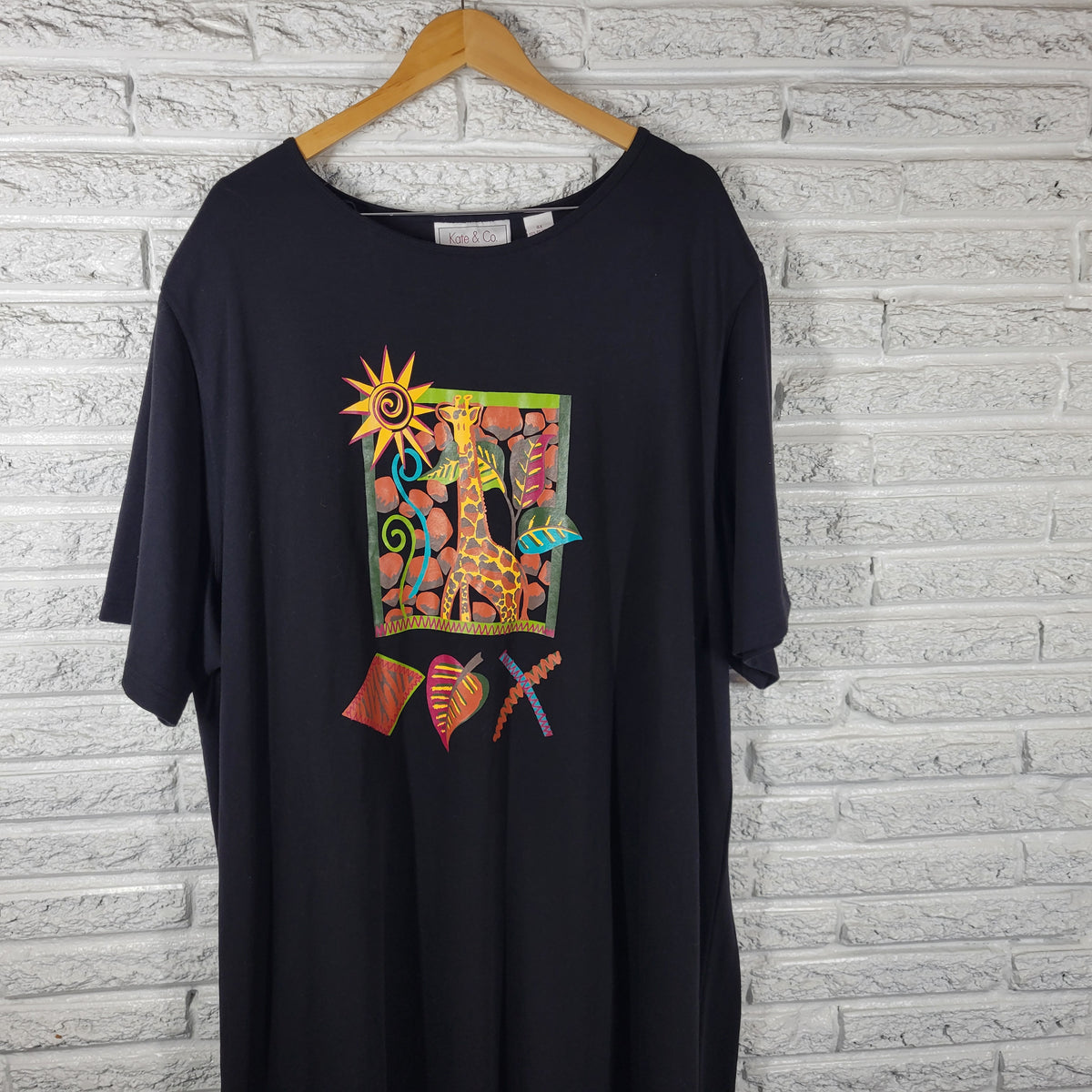 Kate & Co Vintage Black Giraffe Safari Leaf Print T-Shirt Dress Womens 4X Plus BLA71E