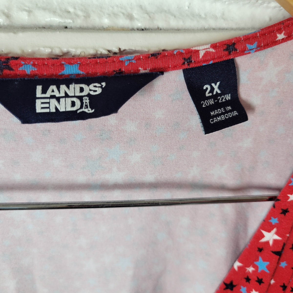 Lands' End 2X Dress Plus Size Patriotic Stars Fit & Flare Sleeveless V-Neck C10E
