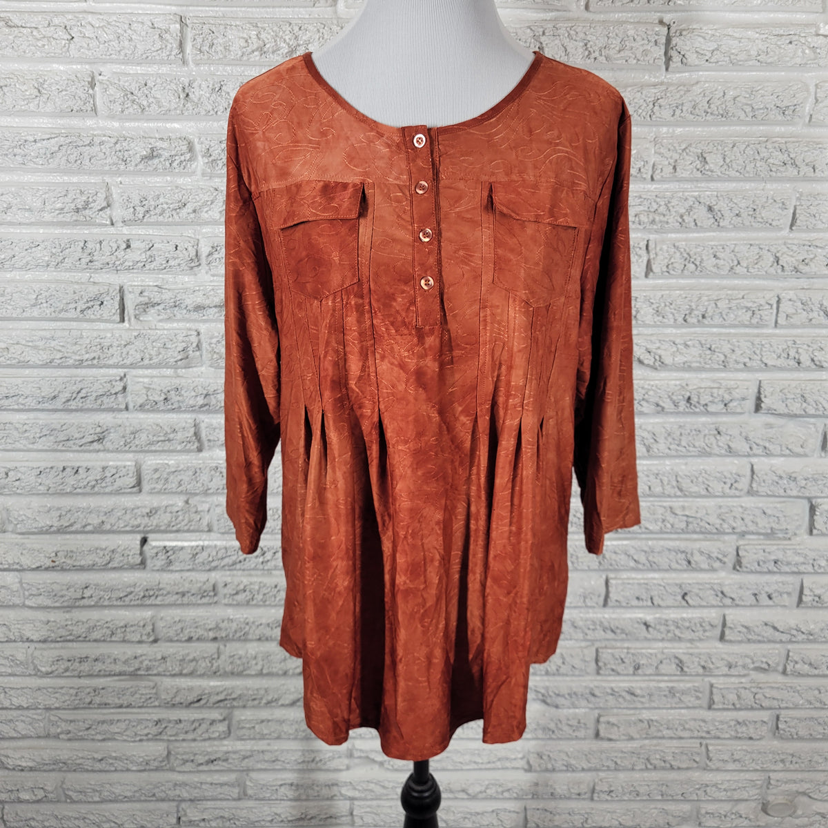 Shannon Ford New York 1X Tunic Plus Size Brown Embroidered 3/4 Sleeve Blouse BRO53E