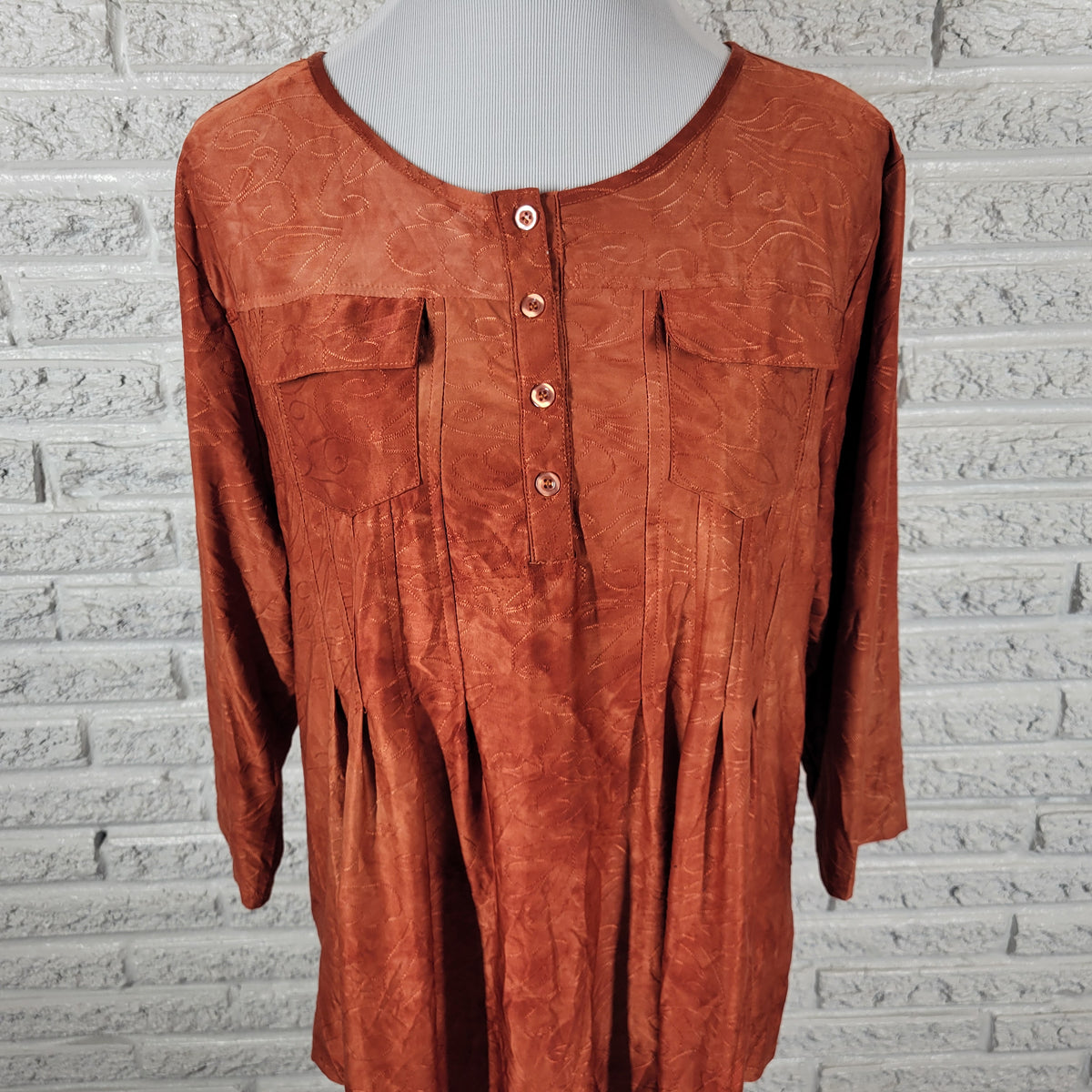 Shannon Ford New York 1X Tunic Plus Size Brown Embroidered 3/4 Sleeve Blouse BRO53E