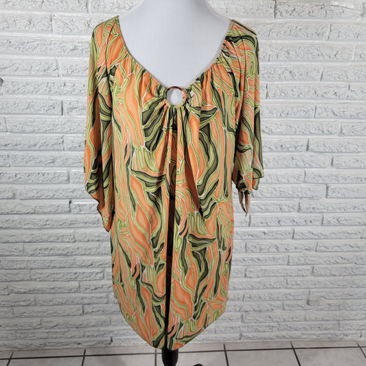 Zoey Beth 2X Tunic Plus Size Top Orange Green Watercolor 3/4 Sleeve V-Neck WAT113E
