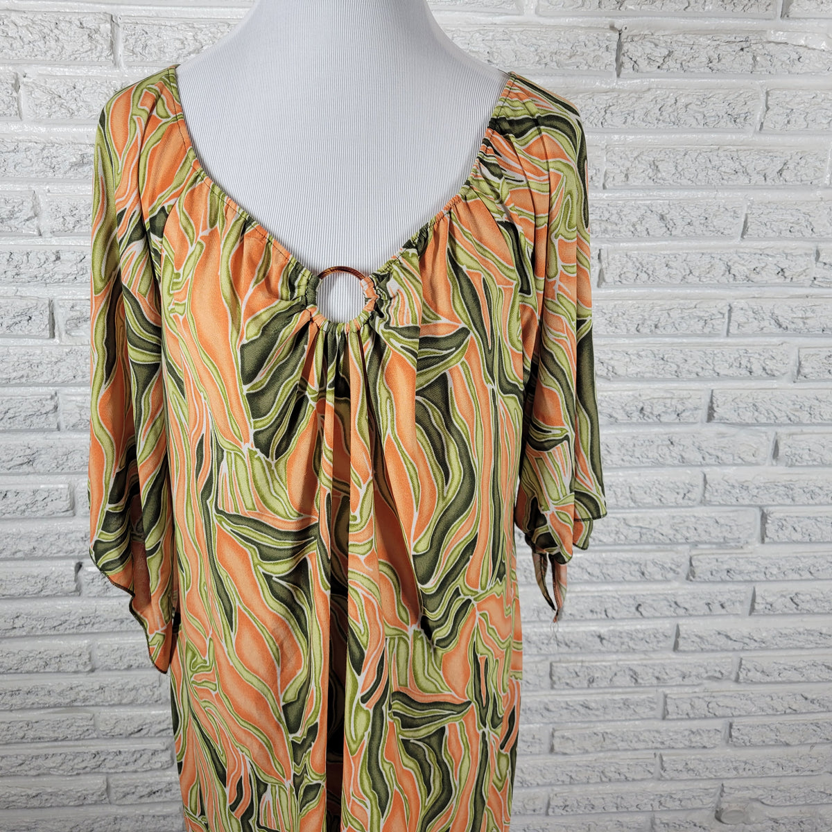 Zoey Beth 2X Tunic Plus Size Top Orange Green Watercolor 3/4 Sleeve V-Neck WAT113E