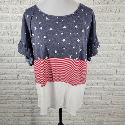 Moa Moa Patriotic Tee 1X Plus Size Red White Blue Bell Sleeve T Shirt Top D2E