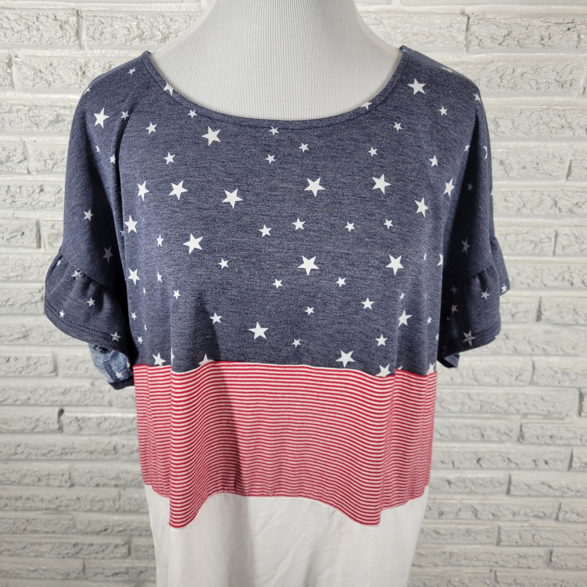 Moa Moa Patriotic Tee 1X Plus Size Red White Blue Bell Sleeve T Shirt Top D2E