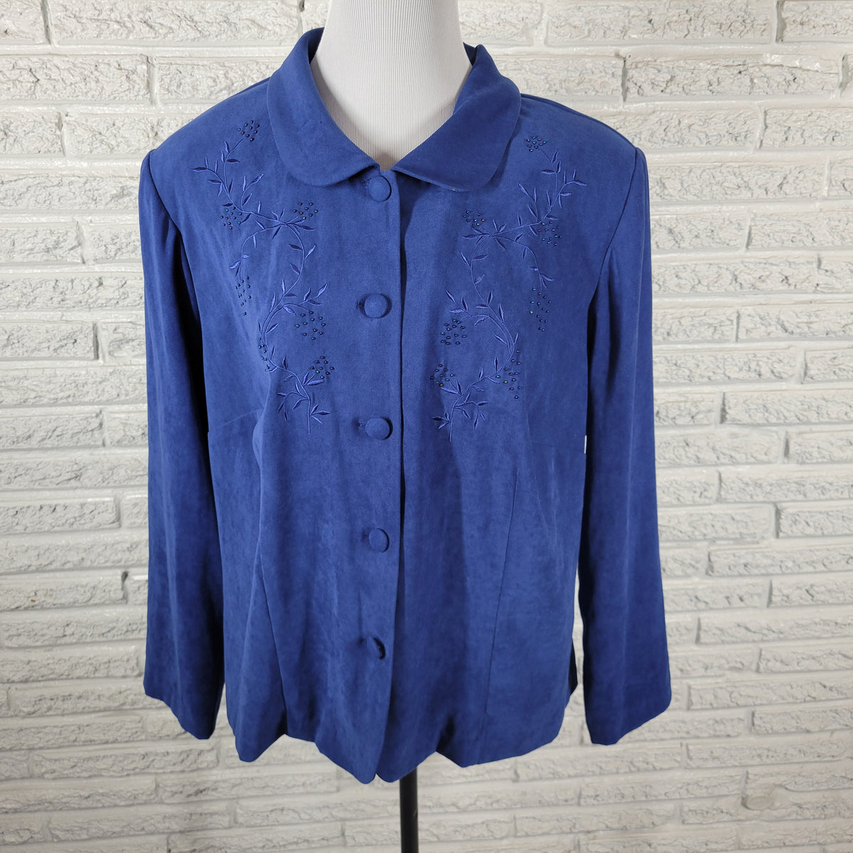 Karin Stevens 16W Blazer Plus Size Blue Velour Embroidered Beaded Jacket Lined SWE141E