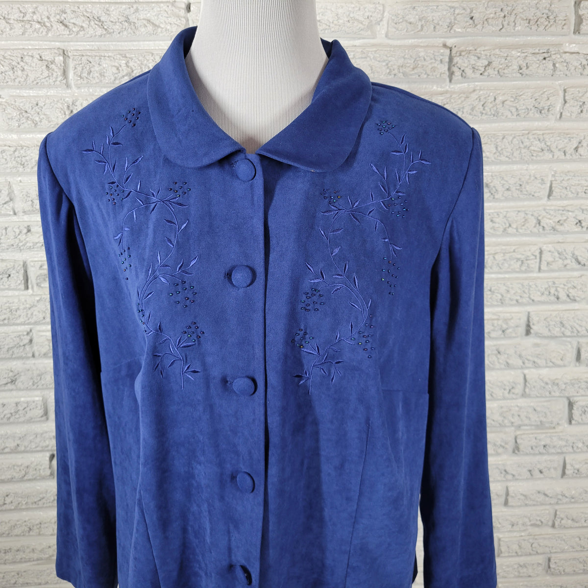 Karin Stevens 16W Blazer Plus Size Blue Velour Embroidered Beaded Jacket Lined SWE141E