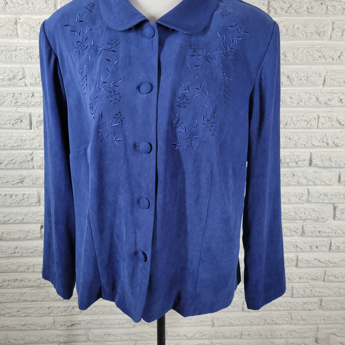 Karin Stevens 16W Blazer Plus Size Blue Velour Embroidered Beaded Jacket Lined SWE141E