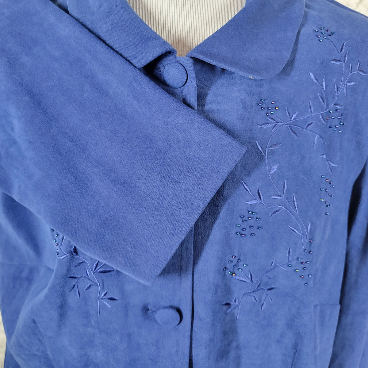 Karin Stevens 16W Blazer Plus Size Blue Velour Embroidered Beaded Jacket Lined SWE141E
