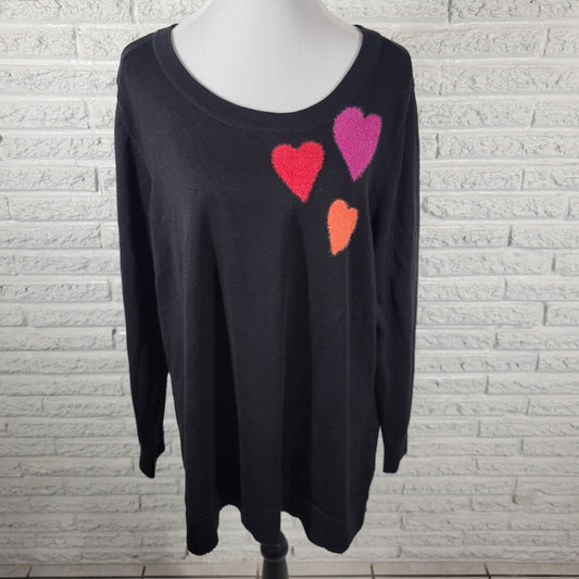 Belle by Kim Gravel XL Black Fuzzy Heart Graphic Knit Sweater Tunic Long Sleeve BLA80E