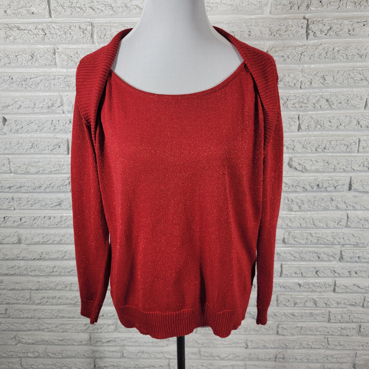 AB Studio Women Sweater XL Red Metallic Sparkling Holiday Lurex Pullover Knit RED46E