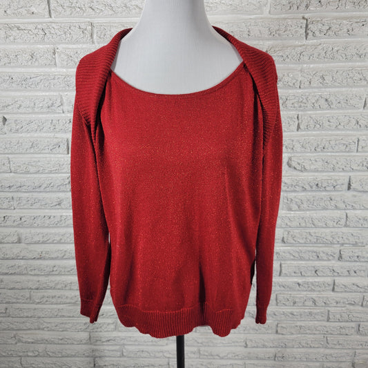 AB Studio Women Sweater XL Red Metallic Sparkling Holiday Lurex Pullover Knit RED46E