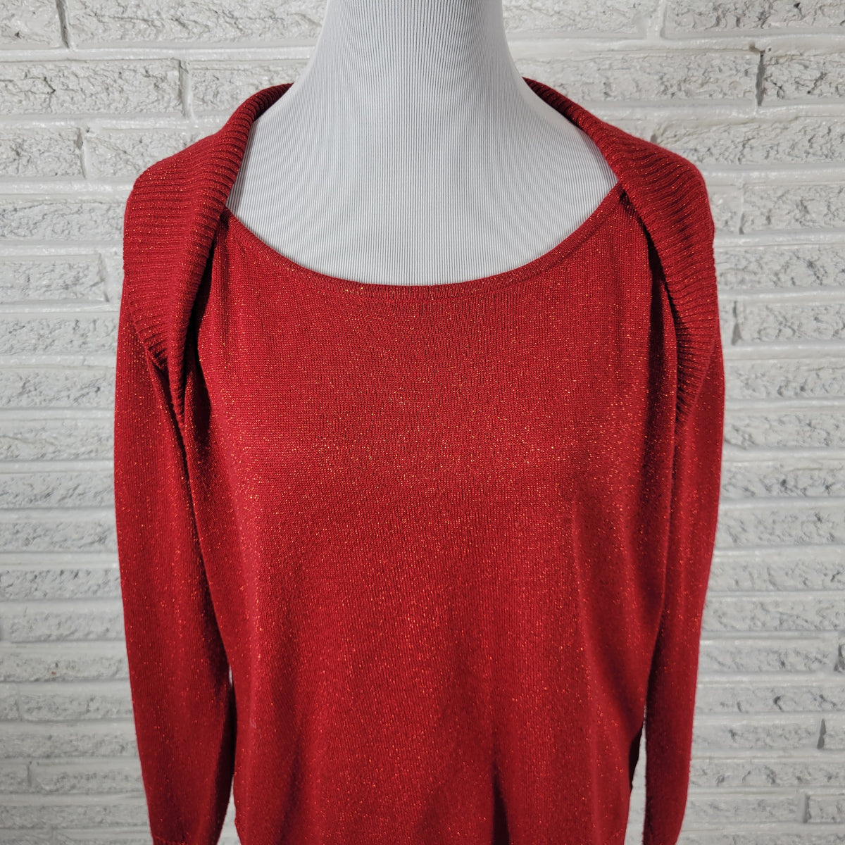 AB Studio Women Sweater XL Red Metallic Sparkling Holiday Lurex Pullover Knit RED46E