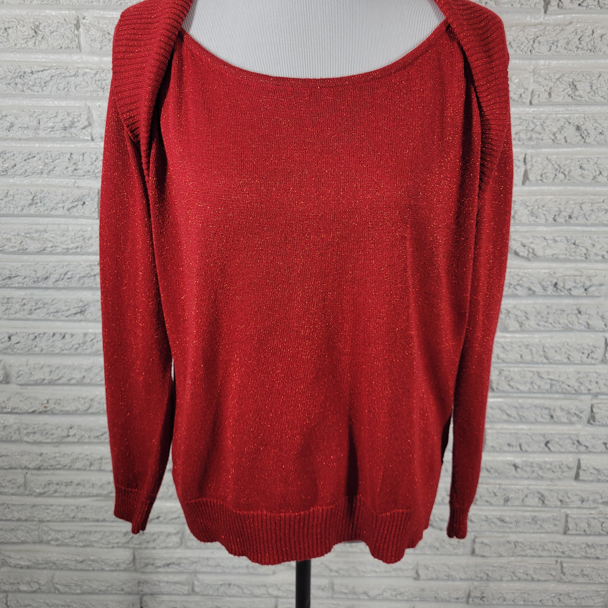 AB Studio Women Sweater XL Red Metallic Sparkling Holiday Lurex Pullover Knit RED46E