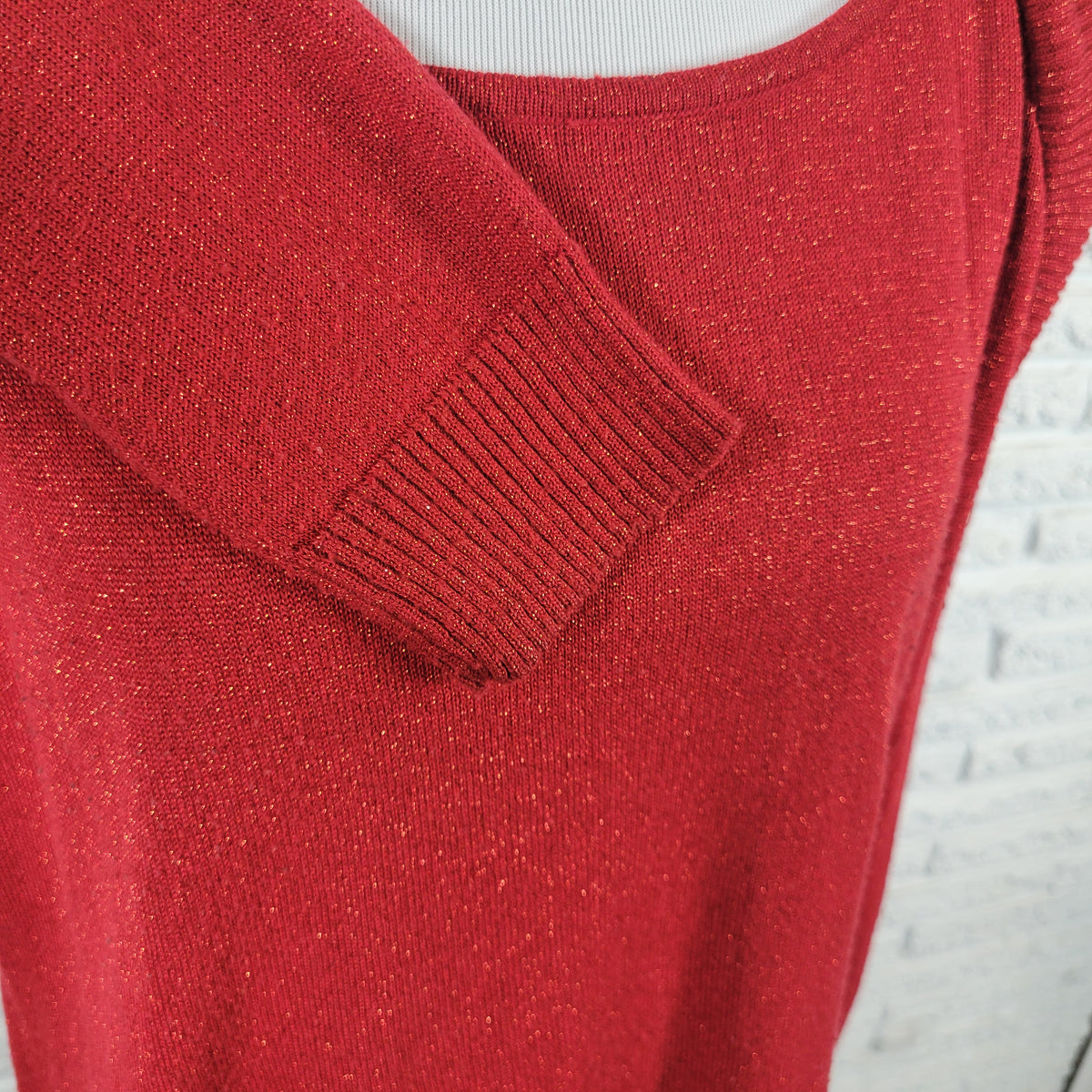 AB Studio Women Sweater XL Red Metallic Sparkling Holiday Lurex Pullover Knit RED46E