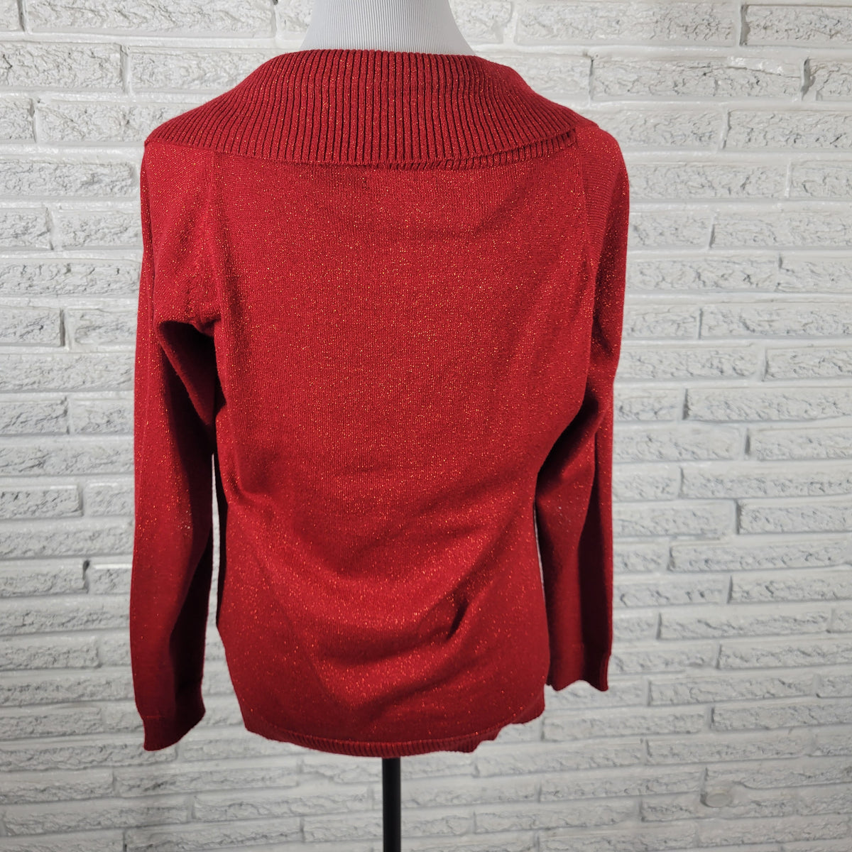 AB Studio Women Sweater XL Red Metallic Sparkling Holiday Lurex Pullover Knit RED46E