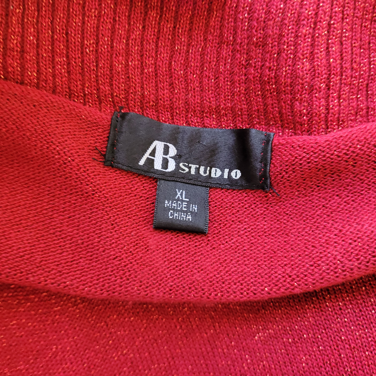 AB Studio Women Sweater XL Red Metallic Sparkling Holiday Lurex Pullover Knit RED46E