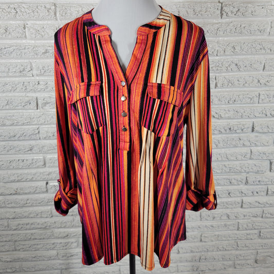 Cocomo Top Womens XL Orange Purple Striped V-Neck Roll Tab Sleeve Pleated Button STR191E