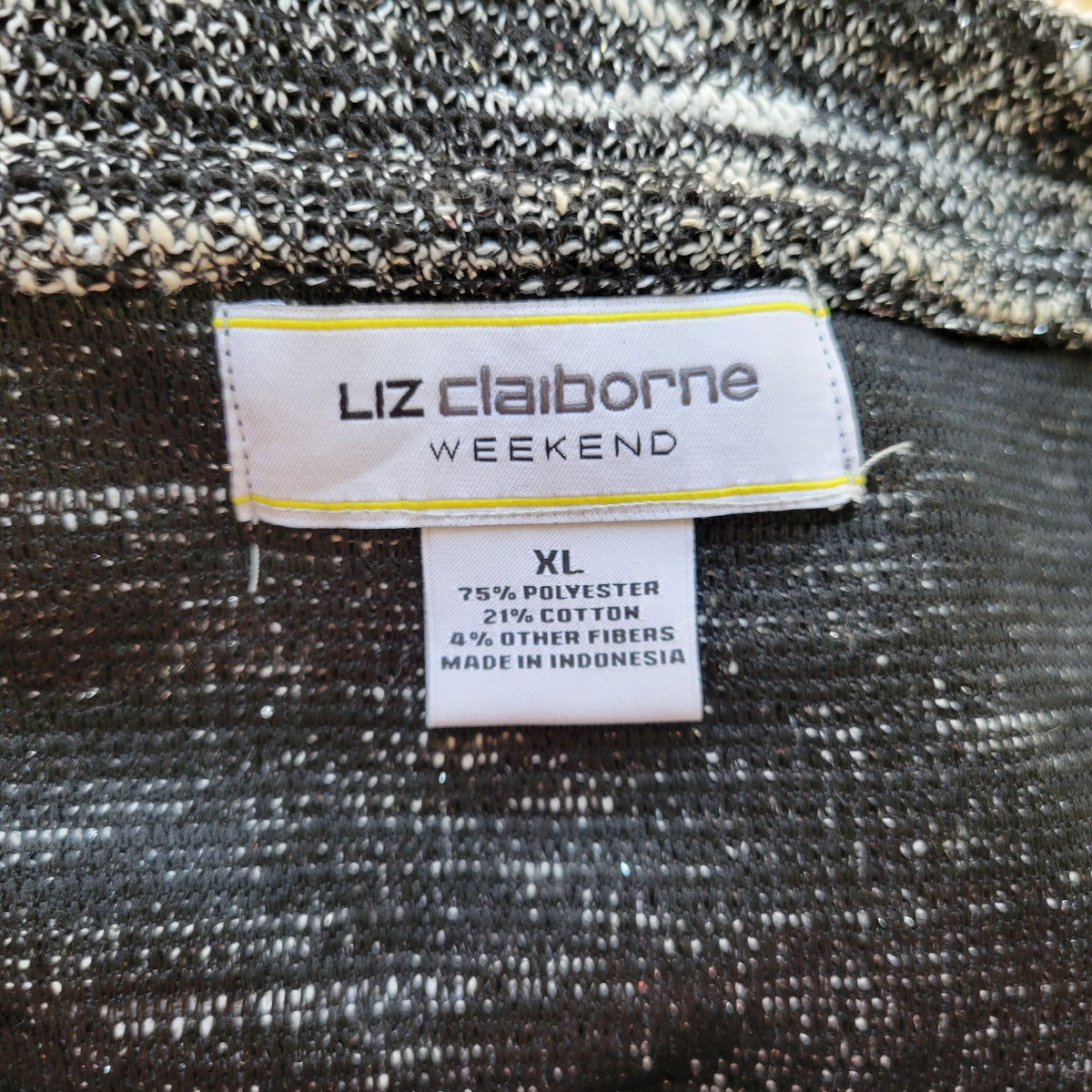 Liz Claiborne Weekend Sweater Women XL Black Metallic Sparkle Zip Shoulder BLA115E