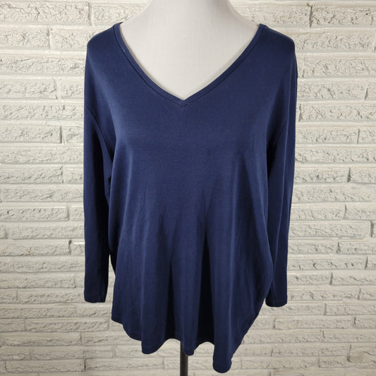 Jones New York Sport Tee Womens 2X Blue 100% Cotton V-Neck 3/4 Sleeve T-Shirt BLU86E