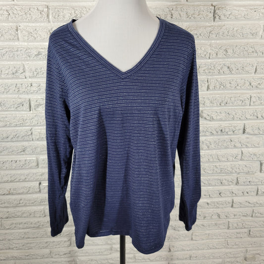 Sonoma Everyday Tee Womens XL Blue Striped Metallic Long Sleeve V-Neck T-Shirt BLU81E