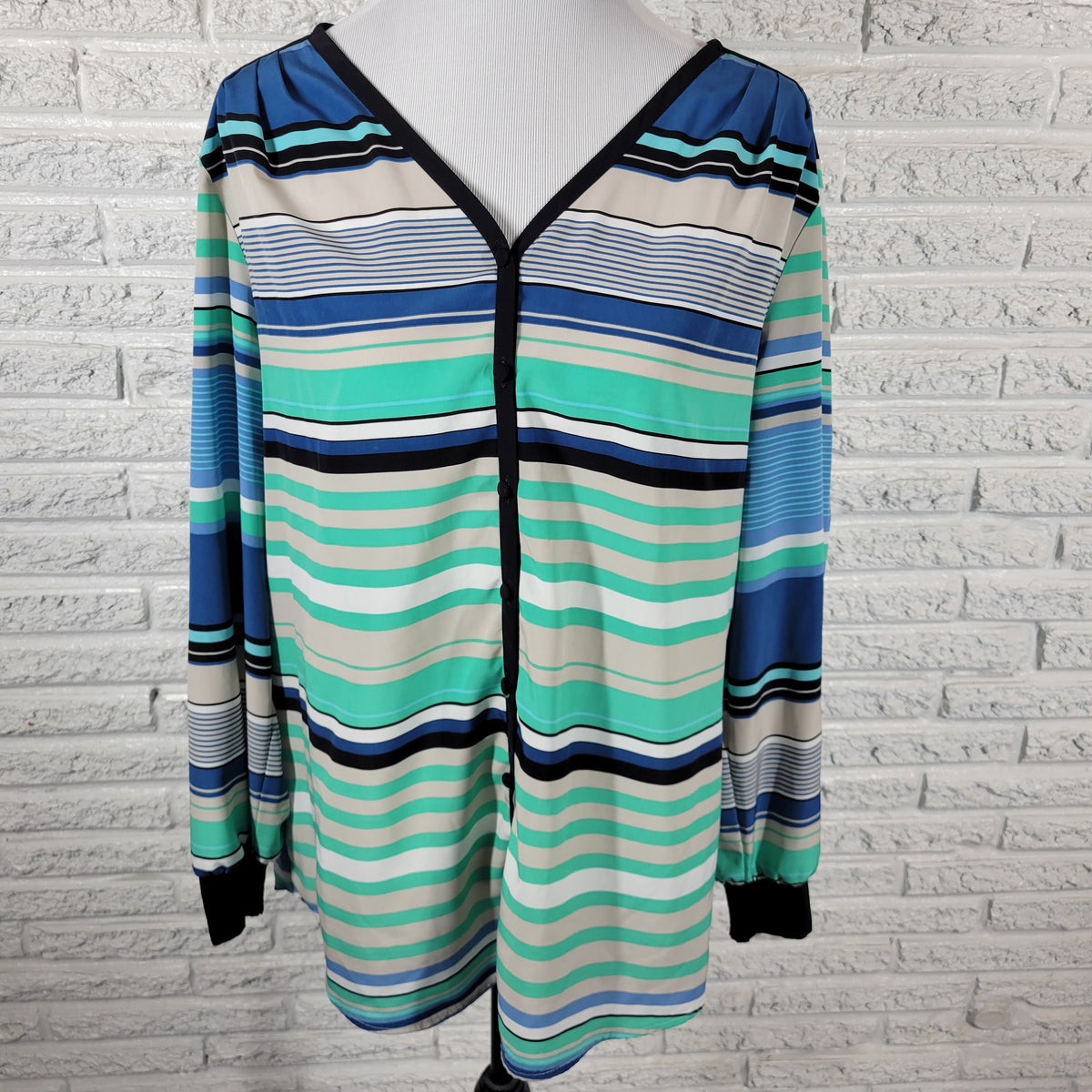 Style & Co Shirt Womens XL Blue Green Striped Button Up V-Neck Cardigan Top STR181E